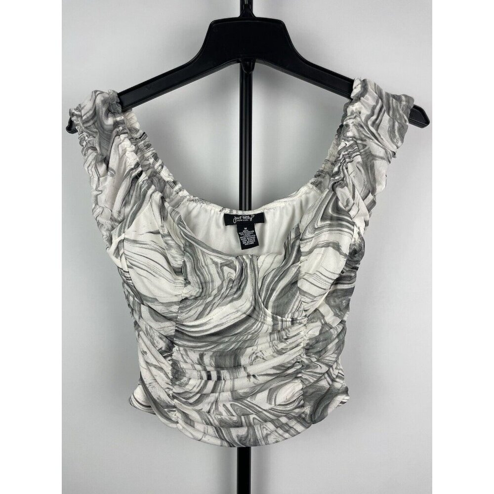 Just Polly White Gray Marble Mesh Ruched Side Seam Crop Top Size M